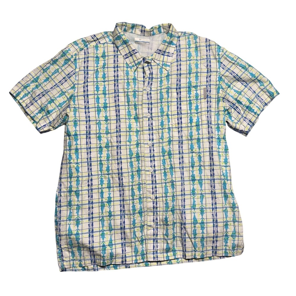 Columbia PFG Mens Medium Blue Green Fish Print Short Sleeve Fishing Shirt Vented